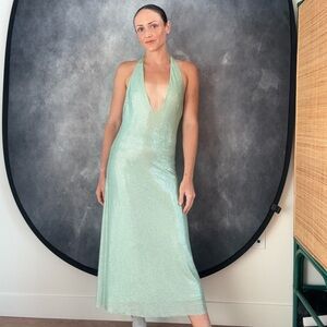 Meshki Halter V-Neck Sequin Maxi Dress in Mint Green